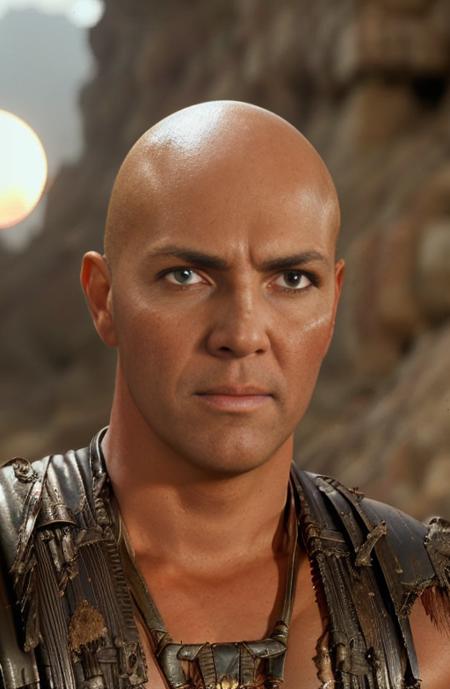 a RAW portrait of Imhotep, still from the gladiator, ((closeup)), war hero, (power pose), ancient rome, on the (battlefield:1.1), morning of the battle, fallen soldiers in background, (leather armor, dirty uniform:1.1), crazy eyes, filthy, hurt, injured, strong, (tattoos), (toned body), (muscular), (((sweaty))), ((exhausted)), ultra realistic, intricate details, (almost dawn), ((low sun)), photorealistic, kodak eastman, uhd, 8k, dark mode, high contrast <lora:Imhotep:1>