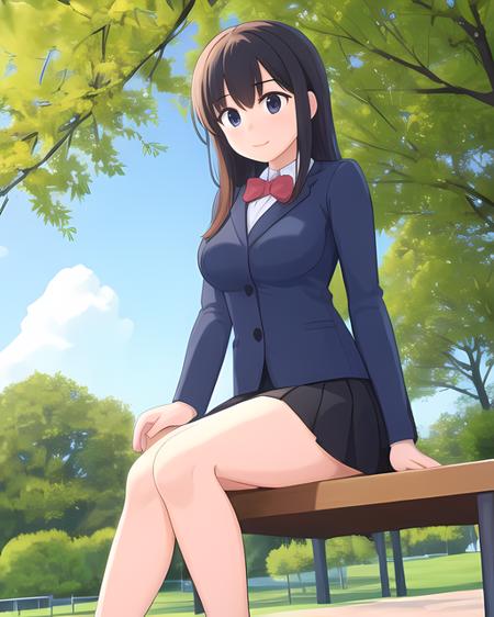 A young Woman, siting in park, skirt, <lora:BlueFrokStyle:0.5>