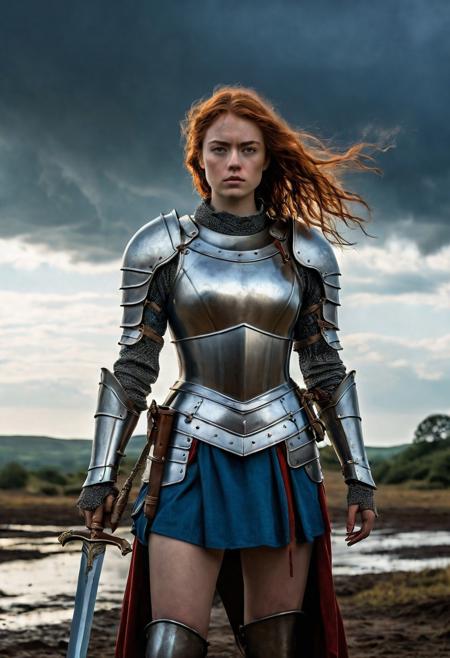 High resolution ultra-realistic of Beautiful Warrior Sadie Sink as Joan of Arc, 8k, capturing the intensity of the moment, cinematic lighting, standing on a bloody and stormy battlefield in bloody battle, wavy red hair, realistic dirty pale face, realistic blue eyes,  beautiful hourglass figure, burning in a medieval Town, intricately designed iron and silver armor, red mini skirt, Dark Ages Aesthetic, perfect athletic figure, beautiful Warrior Joan of Arc, fire, ultra realistic, cinematic style, vigorous and seductive, athletic figure, dark fantasy, dramatic lighting, wet and sweaty skin, dirty skin, athletic figure, dark fantasy, dramatic lighting, Greg Rutkowski style,, Warrior Joan of Arc on in iron armor, hyper-detailed, hyper-realistic, bright colours, Attractive 21 old years girl, Attractive, beautiful firm Breasts, sharp focus, digital painting, Photograph Taken on Nikon D750, Alphonse Mucha, 8K, athletic figure, Hyperdetailed, hyperrealism, Attractive, Attractive bust girl, asymmetric balance