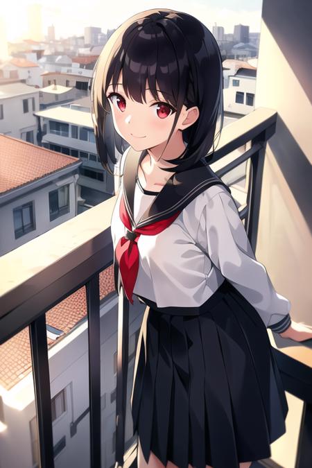 masterpeice,highly detailed,
1girl,solo,leaning forward,uniform,skirt,side face,from side,smile,closed mouth,
medium hair,small breasts,school uniform,serafuku,sailor collar,long skirt,
black hair,red eyes,white uniform,black skirt,
railing,balcony,morning,sunlight,building,day