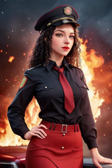 photo of a woman, bventi-1760:0.99, ((pale skin):1.1), ((beautiful dark brown hair, short hair):1.1), ((firefighter jacket, firefighter hat, necktie, shirt, skirt):1.2), ((fire, explosions, at night):1.1), ((cowboy shot, waist, hips, thighs):1.2),((red lipstick, eyeliner, eye shadow, blush):1.2), ((best quality, masterpiece, extreme details, high resolution):1.2),((detailed eyes, beautiful eyes, detailed face, beautiful face):1.2)