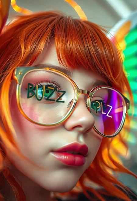 words on glasses "BUZZ" "PLZ",
masterpiece, best quality, good quality, very aesthetic, absurdres, newest, 8K, depth of field, focused subject,
 close up, stylized, in gold and neon shades, wabi sabi, 1girl, orange hair, green eyes, rainbow angel wings, dynamic angle, from below, from side, relaxing