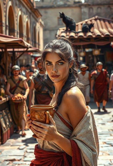 Setting is a 1st century Roman Empire market in Pompeii before Vesuvius destroyed it, the market is comprised of street vendors selling, food, weapons, and clothing. Everyone and everything in the image is appropriate for a scene from Ancient Rome, People wearing Roman clothing are walking through the street market shopping and eating, in the foreground is a merchant selling beverages and food at a market kiosk, (((a beautiful woman, 24 years old is standing in the foreground, the woman  facing the viewer with a clay goblet of wine in her hand. Her eyes are beautiful and focused on the viewer, she has an expression of interested curiosity))), Roman Soldiers are walking behind the beautiful woman, one of the solders turns to look at the beautiful woman, many people are walking by in the busy street market, the woman is dressed in high fashion Roman Empire clothing with an alluringly sexual, but traditional roman aesthetic. The woman's hair is elegantly tied up with a ribbon. Artistic ancient Roman aesthetic, dynamic perspective, (((overall architectural aesthetic is Ancient Pompeii in 1st Century Roman Empire era))).  Epic image that elicits a feeling of wonder and awe, a sleek black cat is visible sitting on a kiosk roof in the background,