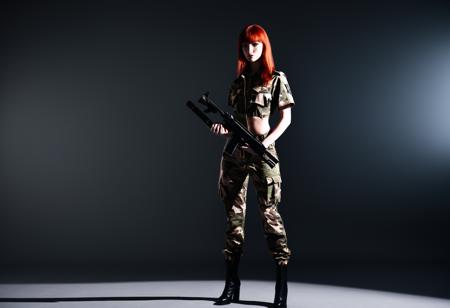 gnmxft 1girl solo realistic gun weapon full body, camouflage pants, uniform, military 24 year old, supermodel, very skinny, petite, flat chest, Redhead fringe, caucasian, pink eyes, fair skinned, best quality, RAW photo, subject, 8k uhd, high quality, photorealistic, sumptuous, Shadow play shot <lora:gnmxXLrd:0.7>