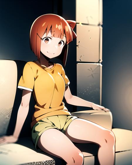 aizawa_eiko, short hair, 1girl, solo, brown eyes, red hair, yellow shirt, grey shorts, sneakers,  <lora:aizawa_eikoV1:.8>