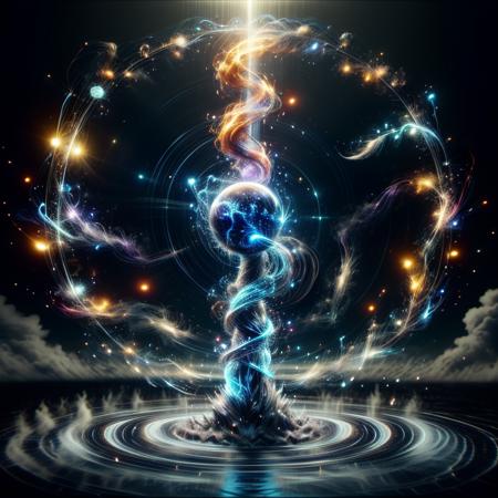 Create an abstract, (((cosmic))) scene where the four classical elementsâearth, air, fire, and waterâare depicted as ((swirling energies)) intertwining in a surreal dance. Earth imbued with deep, earthen hues. Air, representing freedom and movement, might be portrayed as ethereal streams of energy, painted in light, airy tones. Fire, embodying passion and transformation, could flicker and blaze as vibrant flames, casting warm, fiery hues across the canvas. Water, symbolizing fluidity and emotion,  shimmering in cool, aquatic shades. Let the elements merge and collide, creating a mesmerizing tapestry of color and form, evoking a sense of cosmic harmony and balance, where the boundaries between the elements blur, revealing the interconnectedness of all things. BREAK,, (((masterpiece))), (((best quality))), raw photo, dslr,  shot by don mccullin, professional photography, hyperrealistic, 8k uhd, instagram style, Porta 160 color, shot on ARRI ALEXA 65, extremely detailed, ultra-realistic, BREAK,  <lora:HolyMagic:.6> holymagic, magical energy, <lora:more_details:1.5><lora:TempestMagic:.6> tempestmagic, ethereal transparent