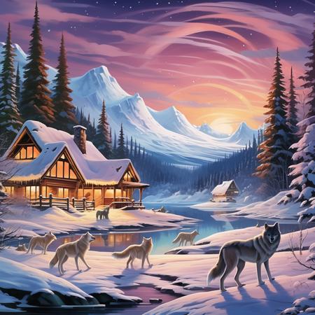 A serene arctic scene with a snow-covered landscape. A pack of wolves moves across the ice, the northern lights dance in the sky, and in the distance, a cozy cabin emits a warm, inviting glow