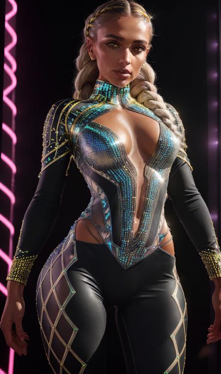 nightclub, bar, full-body portrait, stunningly beautiful Croatian girl, (bodysuit, leggings:1.2), braided crown, festival_outfit, tan skin, Steel Gray Canary Yellow, masterpiece, highest details, 8k, UHD, HDR, intricate, indoors, iridescent, colored lights, volumetric lighting, dynamic posture, <lyco:dresses_v4:1>, perfect hands, perfect eyes