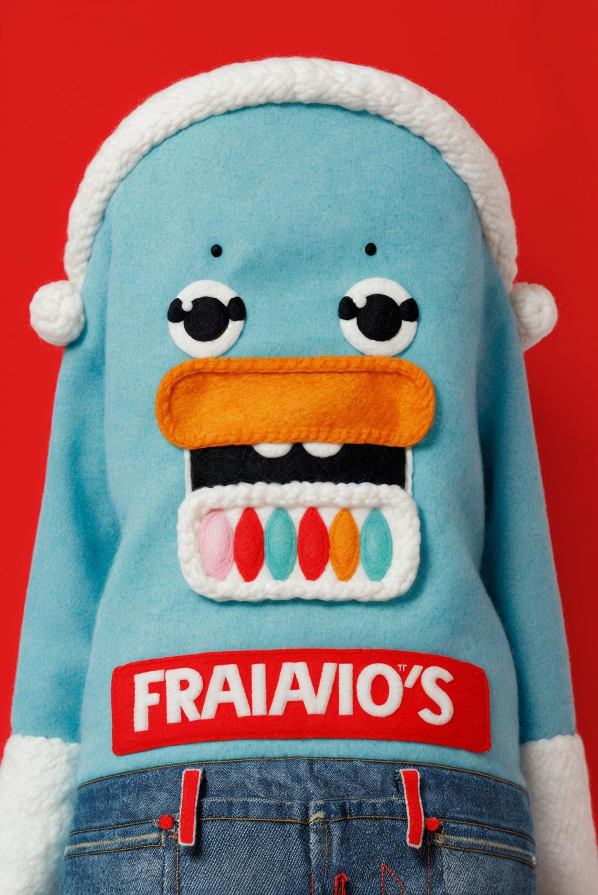 A stuffed toy, possibly a blue puppet, with a mouth made of candy and the word "Fraviagos" on the front.