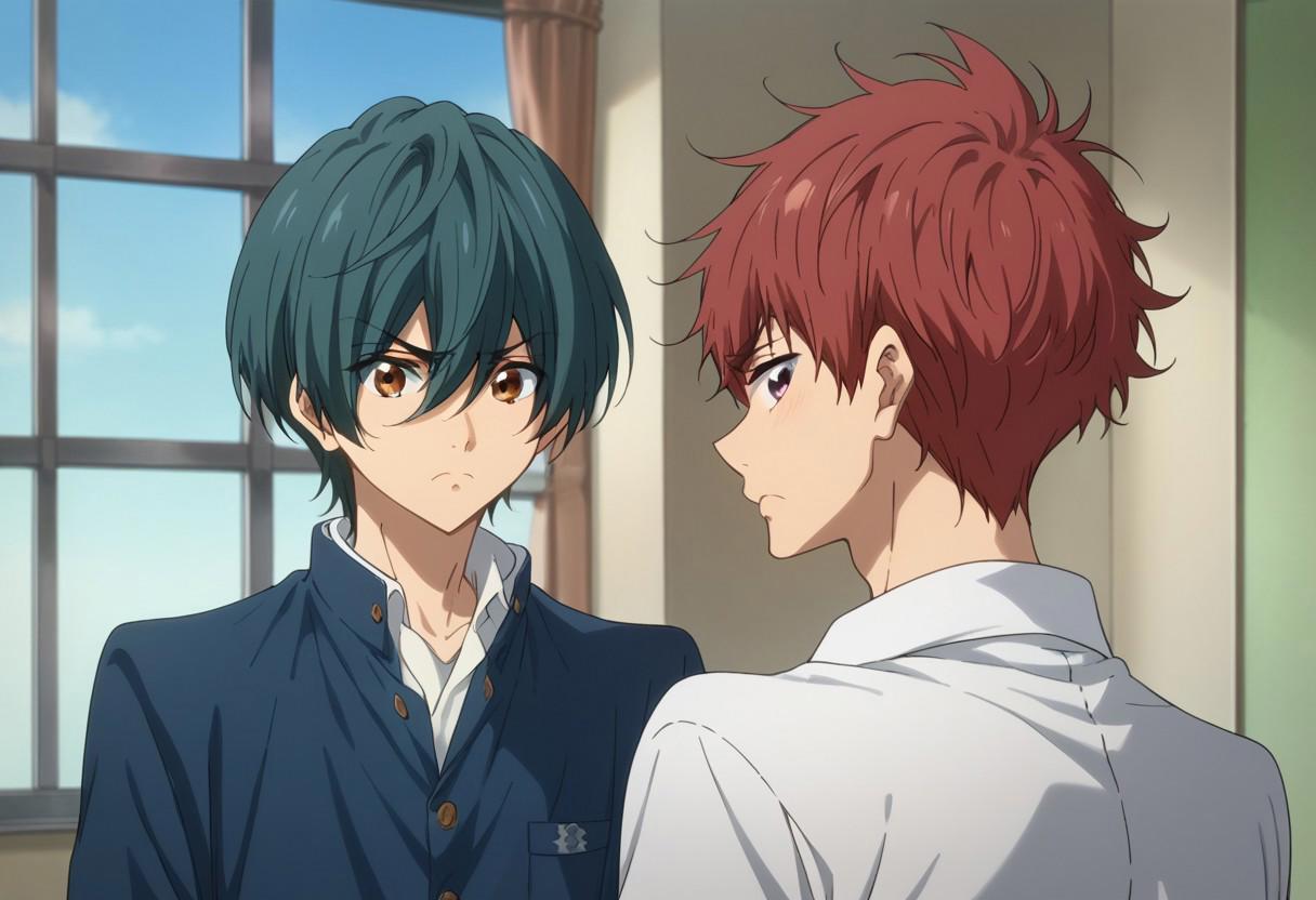 score_9, score_8_up, score_7_up, source_anime, highly detailed, 2boys,
asahi, 1boy, male focus, red hair, purple eyes, BREAK
ikuya, 1boy, male focus, aqua hair,  short hair, brown eyes, BREAK
indoor, window, frown, parody, upper body, looking at viewer,