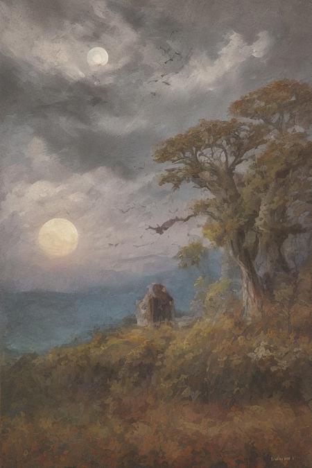 oil painting, of a castle on a cliff, forest, night, a flock of bats flying in the dark sky, reddish moon, clouds tainted red, dark theme, still life, shadows, haunted castle