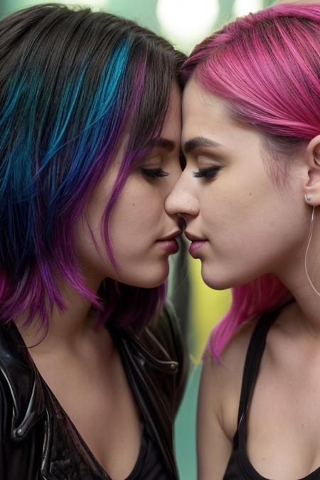 score_9, score_8_up, score_7_up, score_6_up, two beautiful 19 year old girls, colored hair, neon lights, rave, rave clothing, crowd, nighttime, dusk, smiling, ultra realistic, big lips, (masterpiece, best quality, highres:1.2), (photorealistic:1.2), yuri, kiss