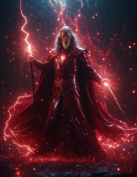 stablishing shot,powerful wizard,deep red and dark Color Scheme,cinematic, ethereal glow,lightning sparkles,fluid shapes,evocative,High Resolution