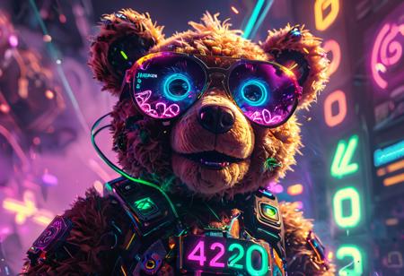 A closeup of a cyberpunk teddybear's face. The teddybear is looking shocked and is wearing sunglasses. Cannbis smoke emerges from its ears. In the background is a spiralling fractal neon cyberpunk explosion of light and electricity. The numbers "420" appear in the teddybear's sunglasses. The image has a colorful cyberpunk scifi aesthetic. Award winning photography in the style of National Geographic.