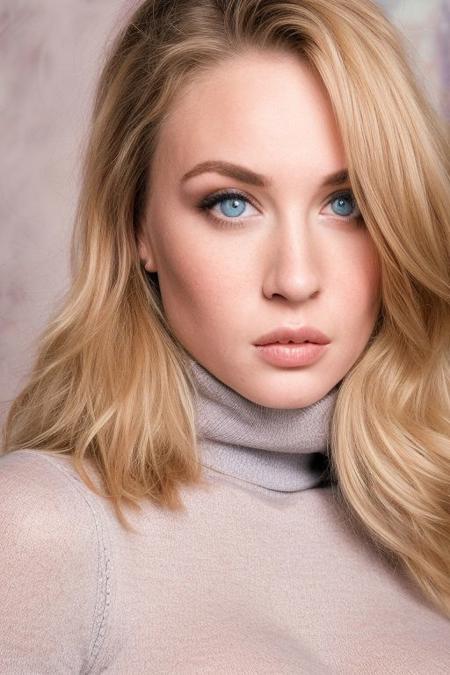 Busty Wendy, blonde hair, turtleneck sweater, 
Formal photograph, portrait, highly detailed, skin details, goosebumps, blush, detailed eyes,
Analog film photograph, hyperrealistic, photorealistic, masterpiece, RAW, HDR, 8k