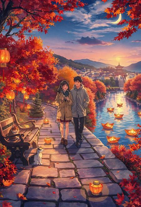 Vertical 9:16 cinematic anime scene, ultra-detailed 4K, watercolor-inspired cel shading, vibrant autumn palette with rich oranges, golds, and deep purples.
Foreground: stone pathway lined with glowing paper lanterns, scattered fallen maple leaves in bright red and amber; a cat curled up on a carved wooden bench.
Mid-foreground: two friends in light jackets walking side by side, laughing quietly; one holding a warm drink, the other pointing toward the horizon.
Midground: gently flowing river reflecting autumn lights, lined by trees in full color; floating leaf boats lit with tiny candles drifting on the water.
Background: softly glowing town on a hillside, warm window lights twinkling; silhouette of a temple on a distant ridge.
Sky: deep twilight transitioning to starry night, crescent moon rising behind drifting clouds, sky brushed in watercolor gradients.
Floating dust and faint golden particles in the air, soft lens bloom, vivid but soft tones — scene layered front to back for depth and emotional motion.