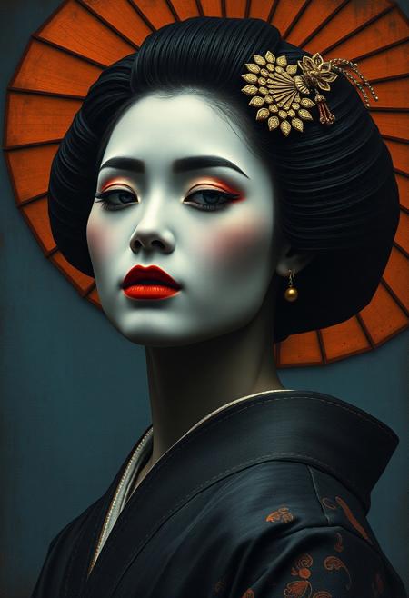 african geisha, in the style of textured photography, dark gray and bronze, naoto hattori, jeremy lipking, dark sky-blue and orange