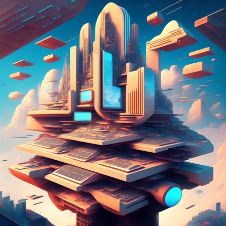 (joviantech style:1) an illustration of a futuristic city with a computer on top of it <lora:djzJovianTechV21_LoraBooth:1>