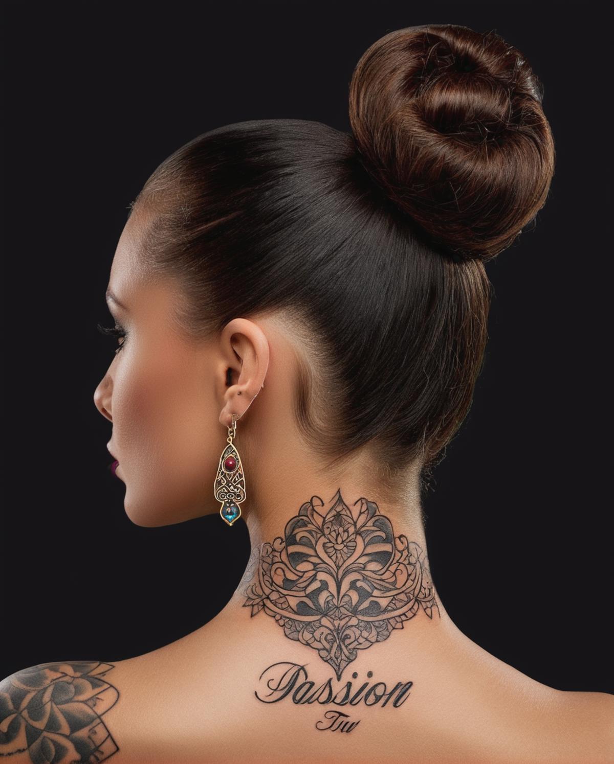 A woman with a tattoo on her neck in the form of a word and wearing earrings.