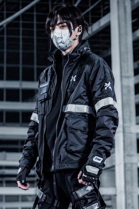 1boy, young, pretty, portrait, techwear jacket, with buckle and tape, open face, no mask,