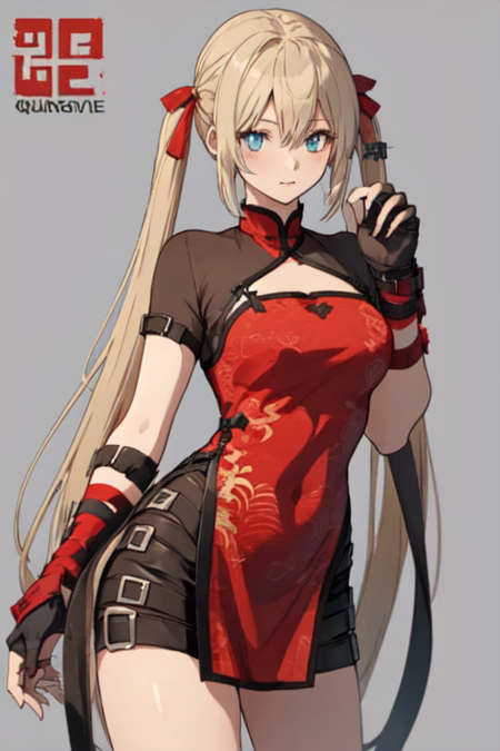 QuartzGungrave, 1girl, solo, very long hair, blue eyes, yellow eyes, heterochromia, blonde hair, fingerless gloves, dress, twintails, shorts, chinese clothes, red china dress