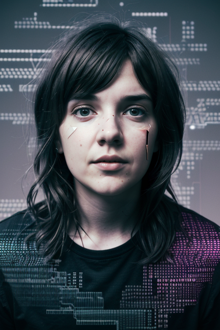 CourtneyBarnett, (masterpiece, best quality), full body shot of a ((woman glitching, digital effect, split personality, shattering skin)), (computer glitch effect:1.6), portrait photo, (cinematic, film grain:1.1), schizophrenia, silicon, fragments, clouds, sky, circuit board