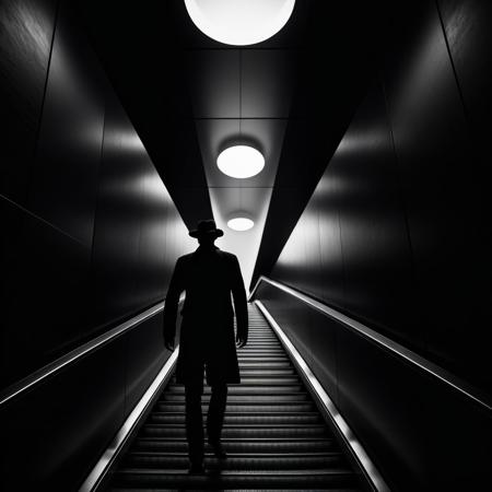 Ultra realistic black and white pencil  image of
A black and white photograph of a silhouette of a person wearing a hat, riding up an escalator in a dark, modern interior. The lighting is dramatic, casting strong contrasts and emphasizing the shape of the person against the illuminated circular architectural feature on the wall in the background. The overall mood is mysterious and atmospheric.(Seen from the side:1.6)
BREAK
Dark theme, dynamic lighting, (soft shadows), (soft focus), (photo realistic), uhd, 8k