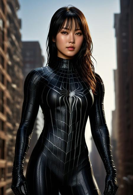 score_9, score_8_up, score_7_up, best quality, realistic, masterpiece, beautiful detail, hyperrealistic, woman ((1girl, woman body, big breasts)), amazing detailed full body portrait of a beautiful japanese girl, wearing a realistic and highly detailed black raimi spider-man suit, ((huge muscular girl)), professional model wears ultra - detailed black raimi spider - man suit, ultra - detailed and grained black raimi spiderman suit, suit covered entire body and hand, black spiderman gloves, wet, (dynamic pose), (full body), (dirty skin), close up, octane render, highly detailed, volumetric, dramatic lighting, (highest quality:1.1), (HDR:1.3), (top quality, best quality), realistic, high definition,