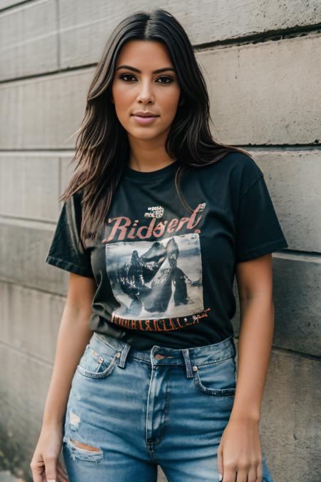 RAW photo of kikards, Band T-shirt and distressed jeans for a rock concert, upper body, (high detailed skin:1.2), 8k uhd, dslr, soft lighting, high quality, film grain, Fujifilm XT3,<lora:kikards-000046:1>