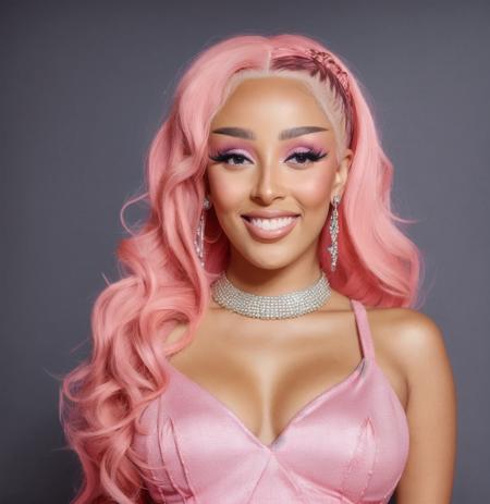 Doja Cat wearing a pink dress, smiling at the camera, wearing makeup and eyeliner, photorealistic, 4k, UHD, gray background, high quality, RAW photo, looking at the camera in front<lora:Doja Cat:0.9>