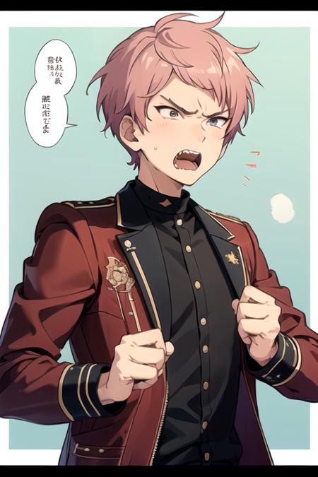 <lora:ShuItsuki-07:0.8>,shu_es, solo, short hair, open mouth, 1boy, jacket, upper body, male focus, teeth, speech bubble, border,  clenched hand, anger vein, angry, red jacket, clenched hands, black border, shouting