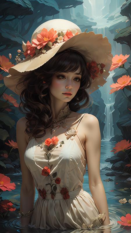 Full Fantasy Flower,<lora:Full Fantasy Flower Flower s wedding dress_20231227014032-000008:0.7>,holding flowers in hand,flower sea,fiora_ariete,creek,hat,(hue saturation:1.3),sitting,