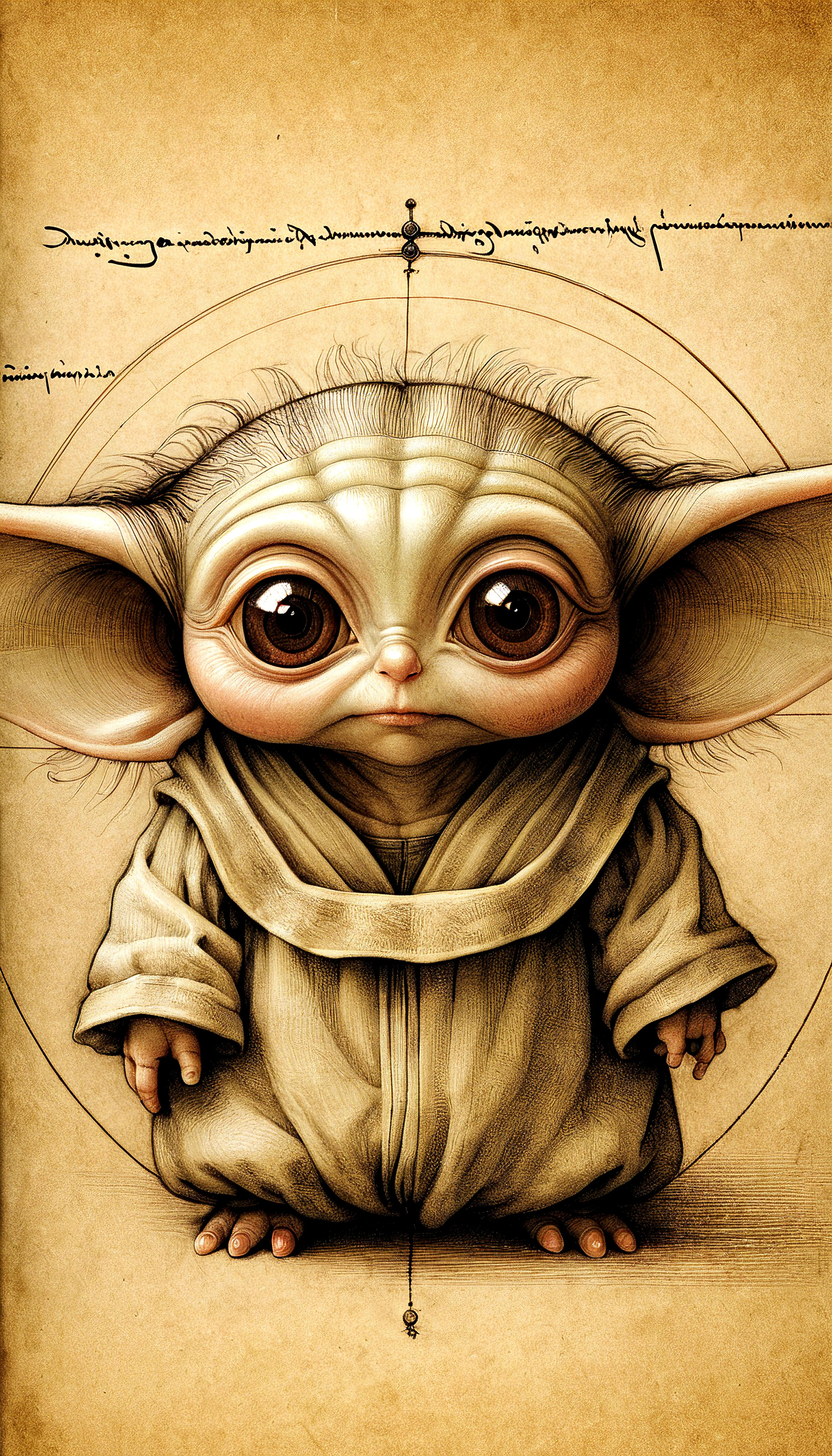 A cute illustration of a young baby Yoda.