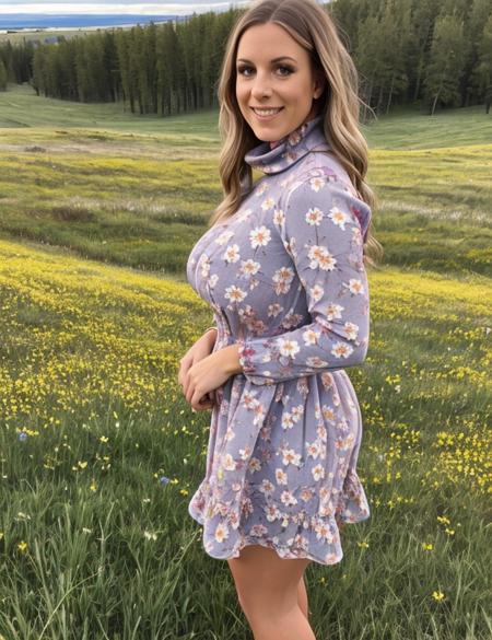 grace, upper body, outdoor, nature, Flowery meadow, sexy dress with turtleneck, Big breasts