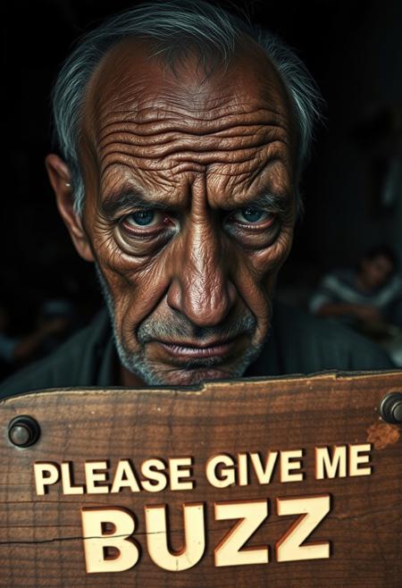 “A middle-aged man with deeply wrinkled, weathered skin is captured in a close-up using a 50mm Panavision Prime lens, revealing every intricate detail of his face. Dramatic lighting casts heavy shadows, highlighting the sorrow and exhaustion etched into his features. His eyes, full of suffering, speak to years of hardship. In the background, softly blurred, a decaying slum looms with crumbling walls and debris. At the lower part of the image, a cracked wooden panel with rusted nails holds bold, capital letters carved into the wood, reading ‘PLEASE GIVE ME BUZZ.’ The text, in a pastel color, blends with the wood grain, intensifying the gritty, distressed atmosphere, adding an ironic contrast to the somber mood.”