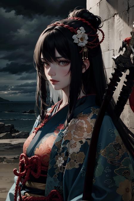 masterpiece, best quality, 
looking afar, 
dark shot, horror,
In the midst of a stormy night, a sorrowful girl adorned in Japanese battle attire stands determined, wielding a mystical sword against the ominous presence of her fated demon, as her vibrant hair ornaments symbolize the bond she shares with her family and allies,
detailed skin texture, detailed cloth texture,  beautiful detailed face, intricate details, ultra detailed,