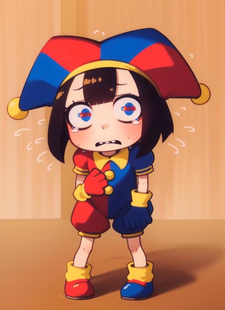 black hair, blue eyes, blue footwear, blue gloves, flying sweatdrops, gloves, hanenosaki, hat, hat bell, highres, jester, jester cap, multicolored clothes, multicolored eyes, multicolored headwear, pomni (the amazing digital circus), red eyes, red footwear, red gloves, solo, standing, sweatdrop, tearing up,   <lora:Pomni_civit:1>
