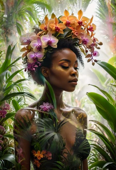 double exposure, elegant BLACK woman's outline entwined with jungle foliage, LOOKING AT THE CAMERA, vibrant bursts of orchids and bromeliads, intricate layered plant textures, soft bokeh highlights in background, ethereal blending of human and botanical forms, earthy warm color tones