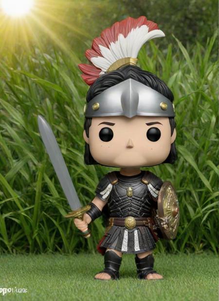 <lora:PE_FunkoPopStyle:1> PEPopFigure, funko pop, figure,
roman soldier, roman legion, roman shield, holding a sword,
black eyes, outside, grass, sunshine,
masterpiece, high resolution, octance 4k, high detail,