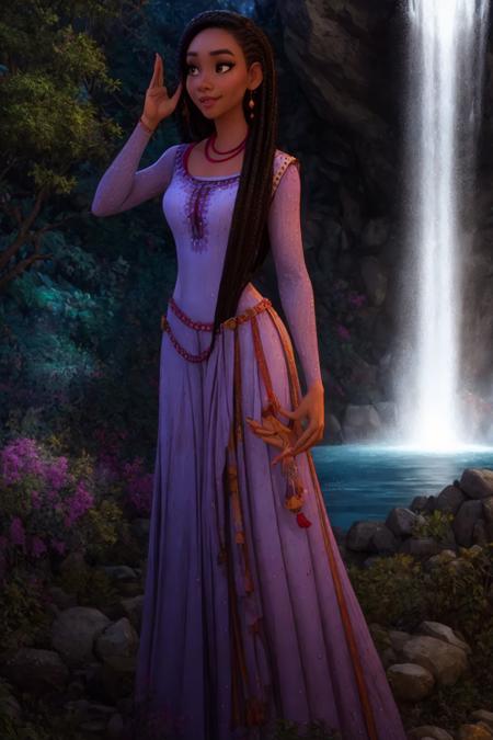 AshaDisney,  1girl,  woman,  necklace,  dress,  full body,  smirk,  masterpiece,  highres,  sharp focus,  cinematic lighting,  detailed face,  detailed eyes,  at the waterfall, <lora:EMS-50873-EMS:1.000000>