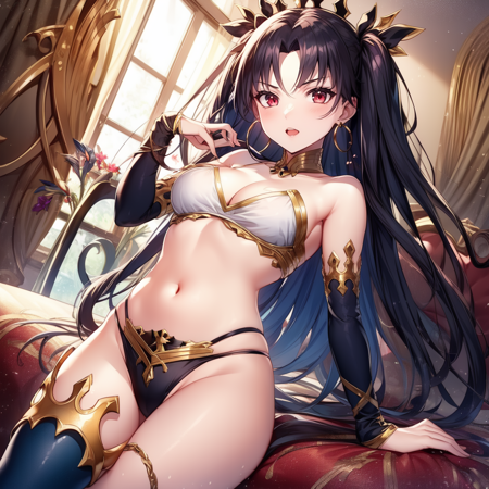 ishtar(fate) an animation is made of a anime character with a lot of details, 1girl, ishtar (fate), solo, long hair, red eyes, jewelry, single thighhigh, breasts, hoop earrings, navel, earrings, thighhighs, black hair, looking at viewer, cleavage, armlet, two side up, bikini, single detached sleeve, mismatched bikini, bangs, indoors, room background, a character that is dressed in yellow and orange outfit in anime style, 1girl, ishtar (fate), long hair, black hair, yellow shorts, red eyes, solo, shorts, red hair, gloves, yellow vest, earrings, jewelry, multicolored hair, two-tone hair, two side up, ass, breasts, looking at viewer, fingerless gloves, hoop earrings, short shorts, blush, belt, vest, bangs, white background, yellow gloves, cropped vest, indoors, room background, an anime drawing of a girl with black-red hair, 1girl, ishtar (fate), bodysuit, solo, long hair, horns, black hair, red hair, multicolored hair, black bodysuit, two-tone hair, looking at viewer, breasts, indoors, room background, ishtar (fate), 1girl, crescent facial mark, bodysuit, red bodysuit, two-tone hair, symbol-shaped pupils, facial mark, long hair, fur-trimmed cloak, crescent, red cloak, multicolored hair, blue hair, star-shaped pupils, star (symbol), horns, pink hair, forehead mark, cloak, indoors, room background, a picture of two anime characters standing next to each other one holding the other, ereshkigal (fate), ishtar (fate), multiple girls, breasts, 2girls, blonde hair, jewelry, long hair, red eyes, earrings, breast press, thighhighs, black hair, sisters, looking at viewer, armlet, open mouth, navel, tiara, two side up, single thighhigh, cleavage, bare shoulders, parted bangs, spine, bangs, siblings, between breasts, gold trim, collarbone, indoors, a blonde anime girl dressed in  and sitting in a room, 1girl, solo, ereshkigal (fate), blonde hair, red eyes, thighhighs, long hair, looking at viewer, gloves, jewelry, earrings, bangs, red bow, tiara, sitting, breasts, two side up, bow, parted bangs, knee up, cape, blush, black gloves, fur trim, black thighhighs, long sleeves, dress a pretty anime girl sitting on a beach in front of waves and palm trees, 1girl, ishtar (fate), solo long hair, smile, red eyes, open mouth, upper teeth only, fur trim, breasts, jewelry, black hair, single thighhigh, collarbone, earrings, hoop earrings, fur-trimmed hood, two side up, teeth, bangs, cleavage, round teeth, long sleeves, pink thighhighs, jacket, pink jacket, blush, ribbon, black bow, palm tree, swimsuit, thighhighs, hood, white one-piece swimsuit, black ribbon, medium breasts, looking at viewer, parted bangs, tree, sky, one-piece swimsuit, blue sky, fur-trimmed legwear,  an anime girl with blue hair on a room background, 1girl, ishtar (fate), blue hair, long hair, fur-trimmed cloak,solo, two-tone hair, cloak, orb, blue eyes, crescent facial mark, facial mark, two side up, multicolored hair, crescent, horns, symbol-shaped pupils