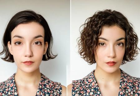 (2 images of the same beautiful 22 yrs woman), ((the woman with a shaved head buzzcut haircut)) and ((the woman with short wavy French bob haircut)), ((same woman different hair)), hair makeover, (before/after), dark hair, soft makeup, floral sleeveless dress, eye contact, Soft color, award winning photo, inspired by Martin Schoeller, Film color photo, Hasselblad 500c, Kodak Portra 400, hyperrealistic, colorized photo, wide-angle three quarter body portrait, f1.4, 6:9 120film,