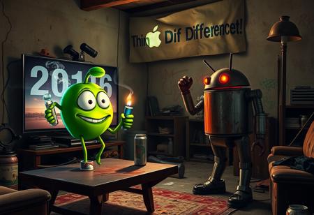 "In a grimy, dilapidated Florida crackhouse, a cartoonish green apple with exaggerated eyes and twisted limbs faces off against the iconic Android logo robot. The apple, perched on a stained coffee table, holds a meth glass pipe in one hand, with acrid smoke billowing from it. In its other hand, it clutches a lighter, flickering ominously.
The massive OLED TV mounted on the wall casts a harsh, flickering light, creating unsettling shadows as it plays an unnervingly vivid Apple commercial. The room’s walls are grimy, covered in graffiti, and peeling wallpaper hangs in tatters. The floor is strewn with trash, broken furniture, and empty cans.
The Android robot, with a rusted, dented exterior and malfunctioning eyes, stands in a defensive stance with twitching antennae. Above the TV, a warped cardboard sign with 'Think Different!' hangs crookedly, its jagged lettering backlit by flickering LEDs that cast eerie shadows on the peeling walls.
The air is thick with mildew, decay, and the sharp scent of meth smoke. The green apple’s glossy skin and the Android’s grimy, rusted body are harshly illuminated by the flickering light, heightening the bizarre and unsettling confrontation in this derelict, drug-ridden setting."