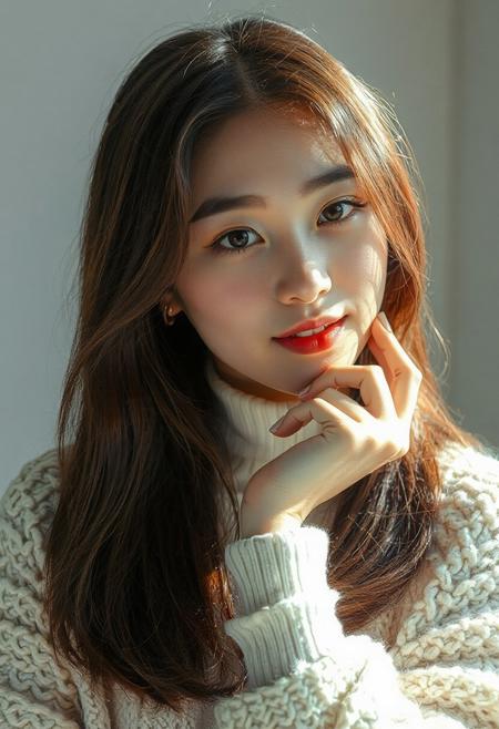 DSLR-style, slender, elegant 26-year-old Korean model, translucent pale skin with natural texture, soft shadow on cheek, diffused daylight from side, parted lips, masterpiece, ultra high-res  
<lora:NOOB_vp1_detailer_by_volnovik_v1:1>
barely visible pores, subtle skin texture variation, translucent skin tone, full body. 
a woman with long brown hair and light skin, wearing a white turtleneck and a cream-colored fuzzy cardigan, rests her chin on her left hand and looks directly at the camera with a soft smile, big breasts, cleavage, (midriff, flat stomach), focus on shoes