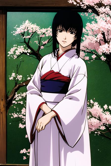 1girl, Yukishiro Tomoe, standing, solo, white kimono purple sash, looking at viewer, cherry blossoms,<lora:Atsuko Nakajima:0.8>, <lora:Tomoe Yukishiro:0.5>