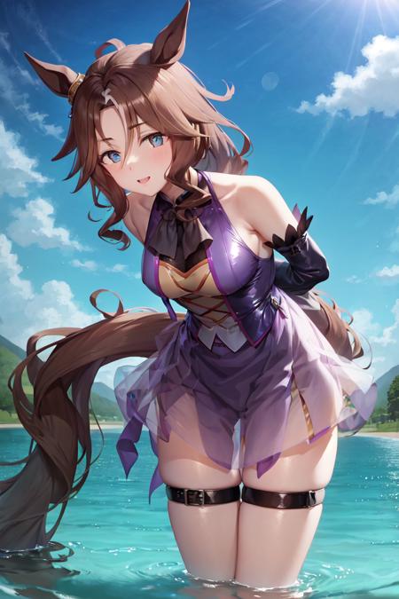 masterpiece, best quality, 
mejiro palmer \(umamusume\),
wading, leaning forward, arms behind back, 
[purple dress:swimsuit:0.8], thigh strap, 
<lora:mejiro_palmer_loha:0.8>