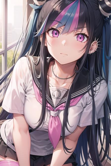 ibukimioda, <lyco:ibukimioda-lyco-nochekaiser:1>,
ibuki mioda, black hair, blue hair, hair horns, ear piercing, lip piercing, long hair, multicolored hair, (pink eyes:1.5), pink hair, white hair,
BREAK asymmetrical legwear, black skirt, blue thighhighs, jewelry, mismatched legwear, neckerchief, necklace, piercing, pleated skirt, ring, school uniform, serafuku, shirt, skirt, thighhighs, torn clothes, torn thighhighs, zettai ryouiki,
BREAK looking at viewer,
BREAK indoors, classroom,
BREAK <lyco:GoodHands-beta2:1>, (masterpiece:1.2), best quality, high resolution, unity 8k wallpaper, (illustration:0.8), (beautiful detailed eyes:1.6), extremely detailed face, perfect lighting, extremely detailed CG, (perfect hands, perfect anatomy),