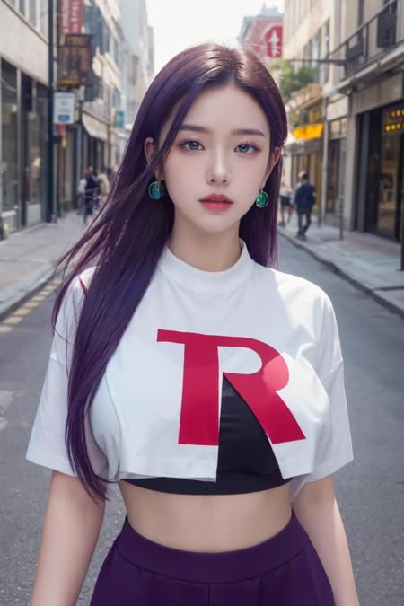 masterpiece, ultra realistic, 32k, extremely detailed CG unity 8k wallpaper, best quality
<lora:jessie_pokemon:1>, jessie_pokemon, earrings, team rocket uniform, crop top, very long hair, (purple hair:1.2), hair slicked back, standing
((big breasts)), ((in street)) <lora:Koream29:0.8>, (masterpiece,best quality:1.5)
