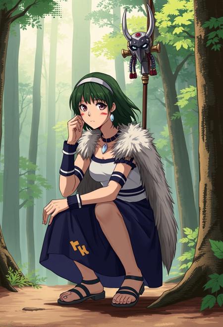 Princess Mononoke,  ,  ,  ,  San, 1girl, full body, squatting, solo, short hair, brown hair, gray eyes, headband, face paint, earrings, white sleeveless top, navy under dress, arm cuffs, fur headdress, fur cape,      , female focus, looking at viewer,  , forest,  knva, halftone effect, retro artstyle, concept art, realistic,, san, 1girl, solo, short hair, brown hair, gray eyes, headband, face paint, earrings, white sleeveless top, navy under dress, arm cuffs, fur headdress, fur cape, shoes, tooth necklace, mask on head, light-skinned female, dark green hair, mask on head, mask on face, mask on back, tooth necklace, crystal necklace, holding dagger, holding spear, anime, ghibli, cosplay, photo, fan art, pvc, Expressiveh