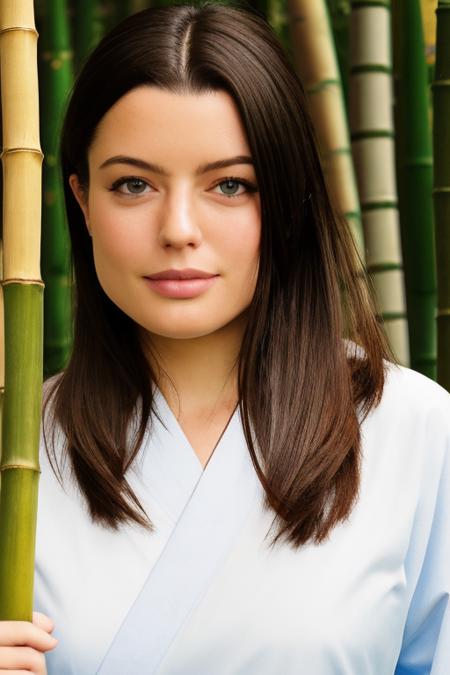 portrait photo, natural woman,high quality photo, perfect details and textures, highly detailed front view, perfect lighting, perfect composition, perfect lighting, <lora:xxadritor-07:1> xxadritor with a katana and a kimono in a bamboo forest